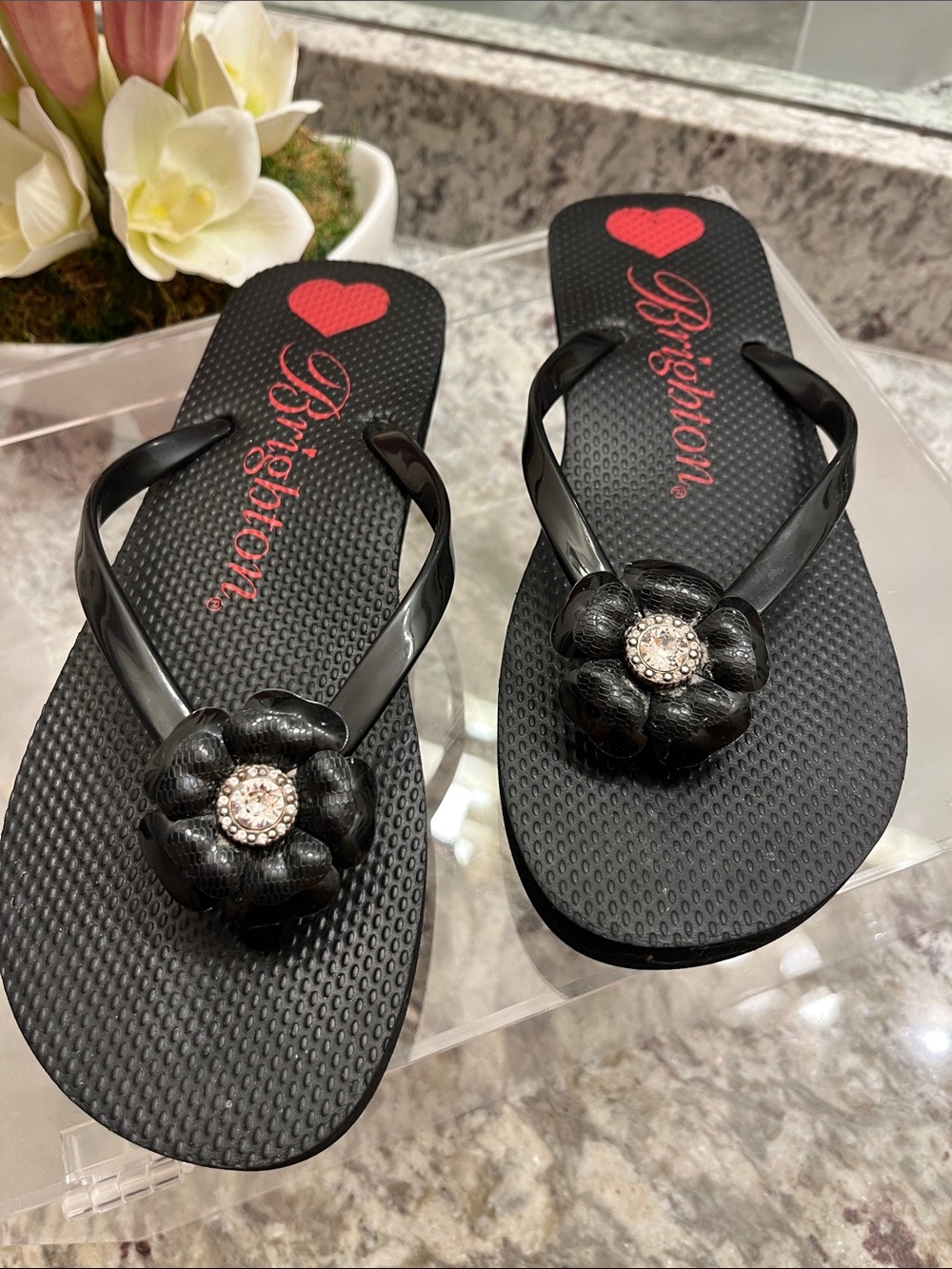 Brighton Black Floral Gem Flip Flop Sandals